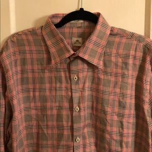 PETER MILLAR CHEVRON PATTERN PINK PLAID BUTTON FRONT SHIRT MEN’S LARGE COTTON
